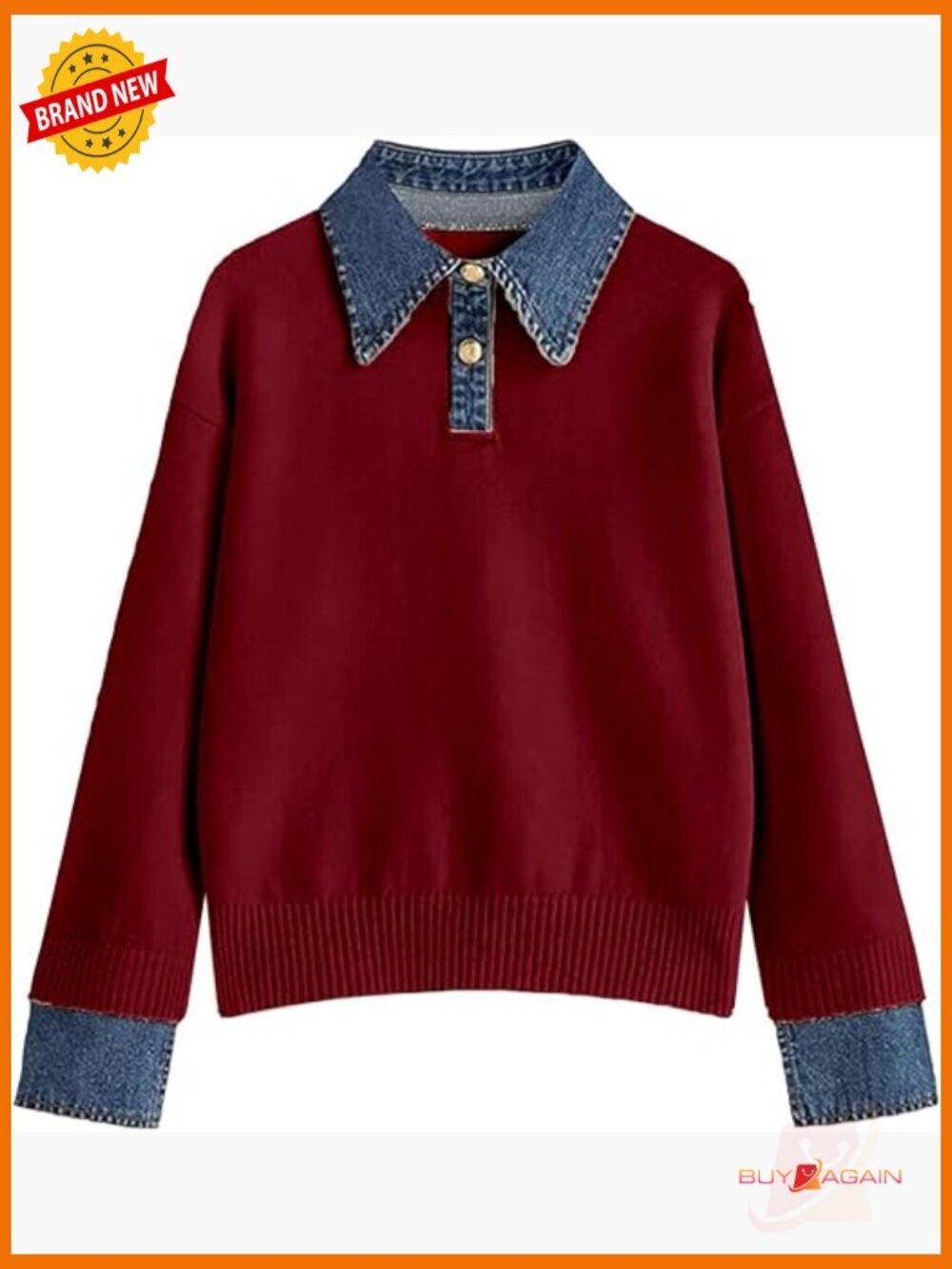 Oversized Denim Collar Pullover Sweater Long Sleeve Cable Knit